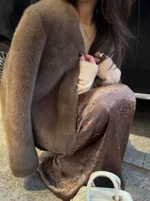 Solid Open Front Fuzzy Coat - Coffee Brown - View 1