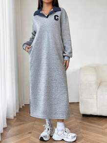 SHEIN EZwear Váy nỉ cổ tròn vai trễ vai xẻ tà họa tiết chữ vá cho lễ tốt nghiệp, trang phục trở lại trường, tốt nghiệp, trang phục giáo viên dành cho nữ, trở lại trường vào mùa thu/đông - Màu Xám nhạt - Xem 5