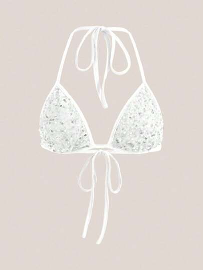 SHEIN ICON Y2K Music Festival Pink Pentagram Embroidered Shiny Sequin Halter Neck Strap Bow Lingerielingerie Whitetriangle Bikinirhinestone Bra