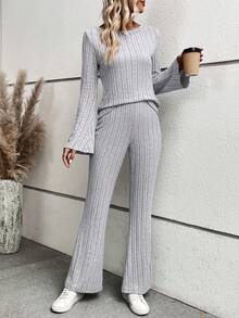 SHEIN LUNE Chất rắn Tay áo loe Áo thun & Quần ống loe - Xám - Xem 6