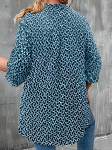 SHEIN LUNE 大碼滿版印花捲邊袖襯衫 - 霧霾藍 - 查看 2
