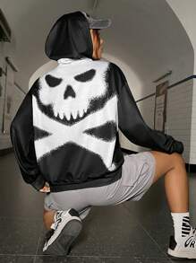 SHEIN EZwear In Đầu lâu Thả vai Hoodie - màu đen - Xem 4