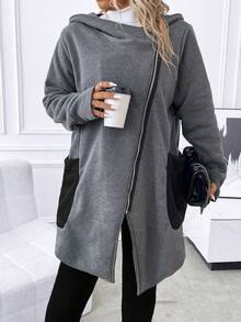 SHEIN LUNE Hơn Dây kéo Áo trùm đầu - Màu xám đen - Xem 3