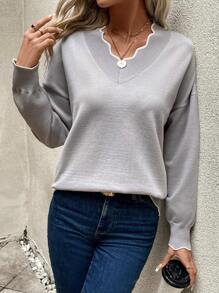 Chiquease Contrast Scallop Trim Drop Shoulder Knit Pullover Fall Winter Sweater - Grey - View 1