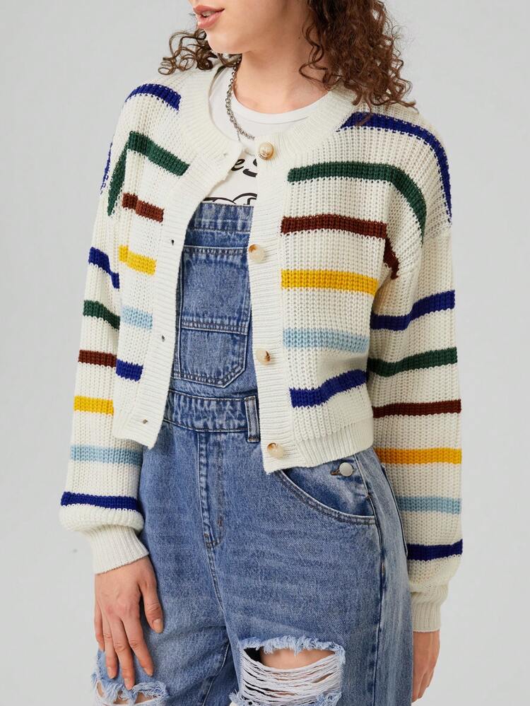 Women'S Colorful Stripe Pattern Drop Shoulder Cardigan