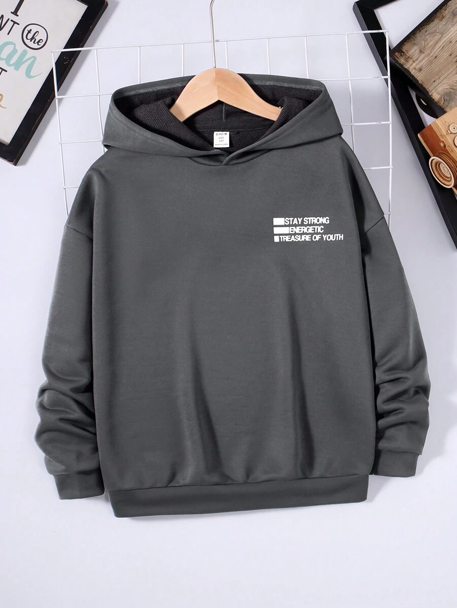 SHEIN Tween Boy Slogan Graphic Drop Shoulder Hoodie - Dark Grey - View 1