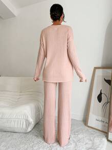 RueChic 100%Cotton Letter Graphic Drop Shoulder Tee & Pants Lounge Set - Pink - View 2