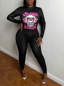 Slaydiva Skull & Letter Graphic Mock Neck Unitard Jumpsuit - Black - View 3
