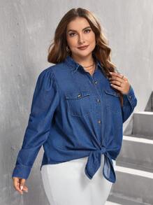 SHEIN LUNE Plus Flap Pocket Knot Hem Denim Shirt - Medium Wash - View 5