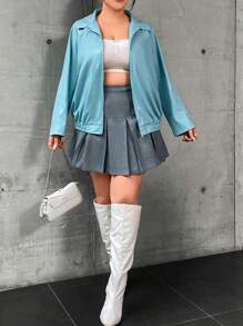 Flirla Plus Zip Up Slant Pocket Jacket - Mint Blue - View 7