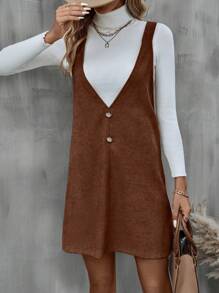 SHEIN LUNE 1入組素色燈芯絨背帶洋裝 - 咖啡棕 - 查看 5