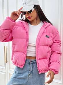 SHEIN EZwear Letter Patched Zip Up Padded Coat - Hot Pink - View 3