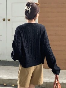 Dazy Star Solid Drop Shoulder Cable Knit Sweater - Black - View 8