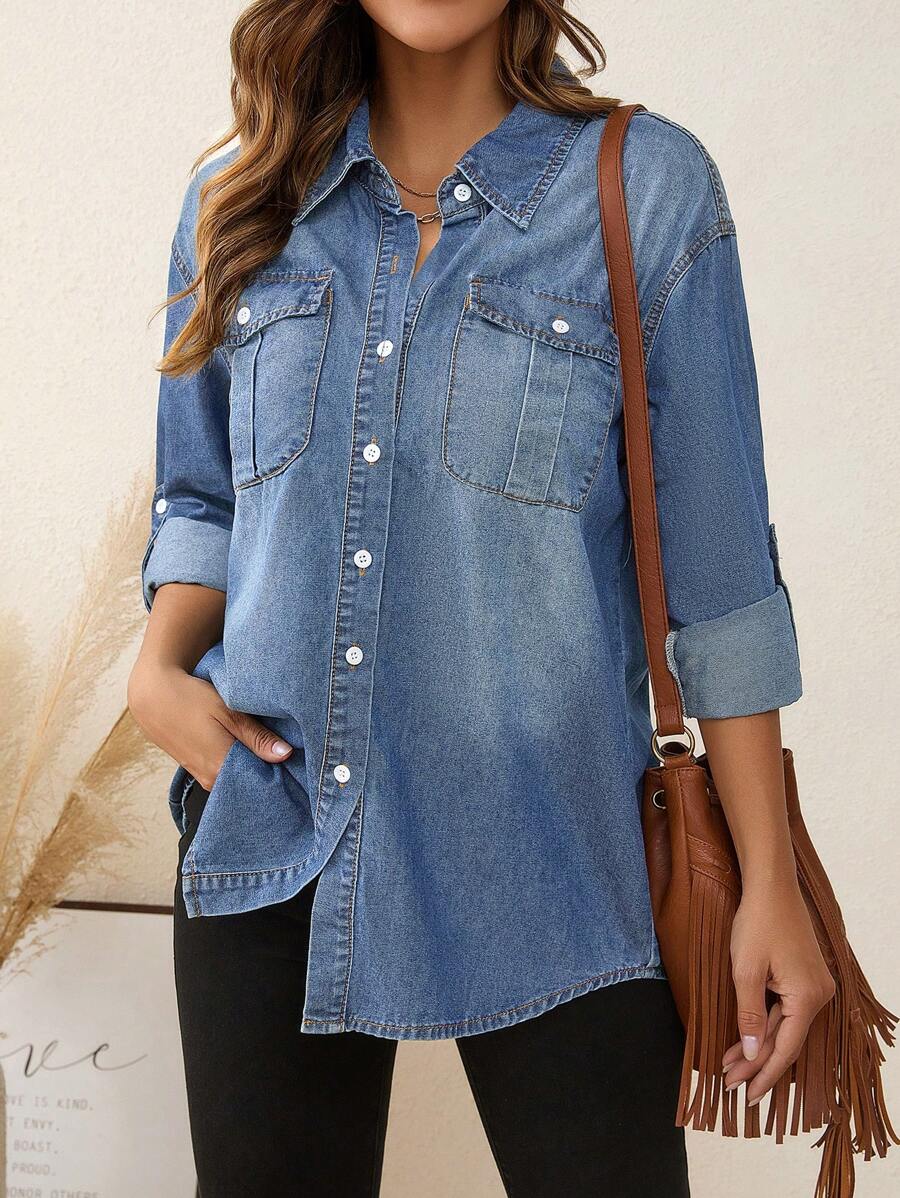 SHEIN LUNE 翻蓋口袋落肩袖牛仔襯衫 - 淺色水洗藍 - 查看 1