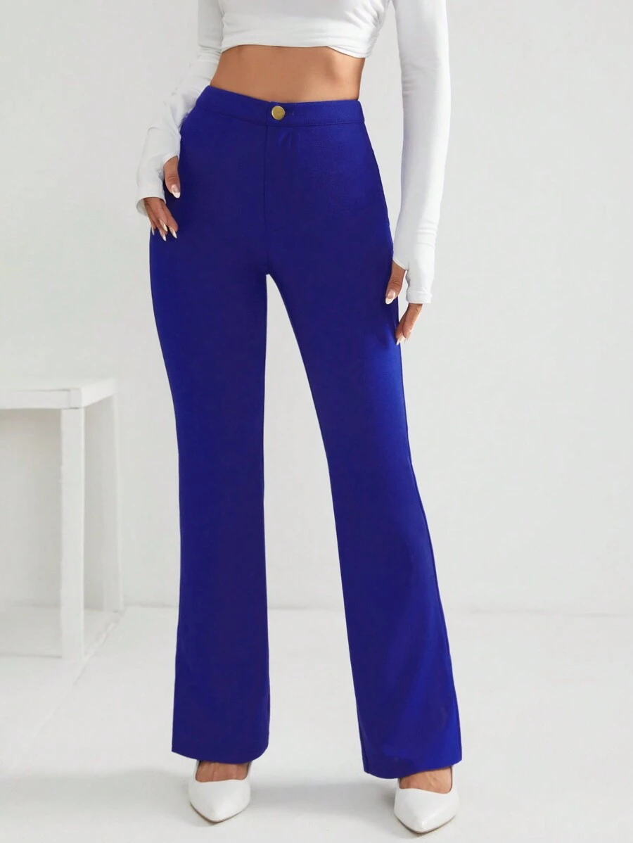 SHEIN PETITE High Waist Flare Leg Pants - Royal Blue - View 1