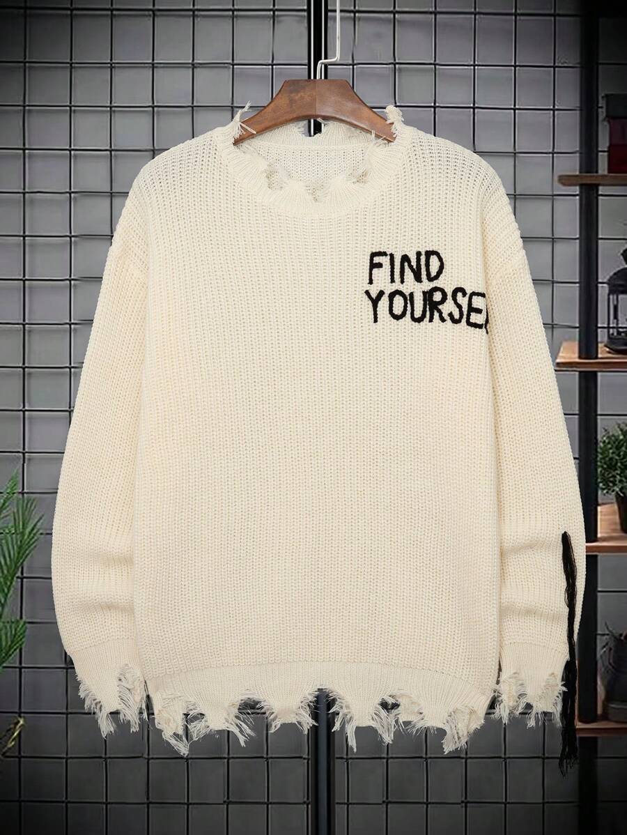 Manfinity Men Slogan Graphic Drop Shoulder Distressed Sweater - Apricot - View 1