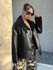 Muchica 羊絨領口落肩袖拉鏈開襟PU皮革夾克 - 黑色 - 查看 3