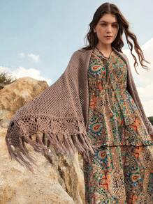SHEIN BohoFeels 女士鉤針流蘇披肩開衫 - 卡其色 - 查看 4