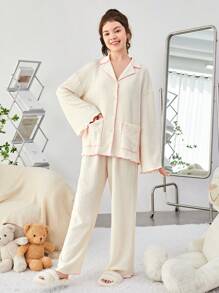 SHEIN Teen Girl Contrast Binding Dual Pocket Drop Shoulder PJ Set