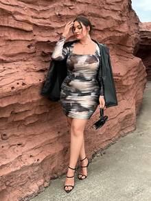 SHEIN Privé Hơn Nhuộm buộc Cổ vuông Viền ven Lưới Váy bodycon - Nhiều màu - Xem 6