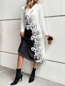 EMERY ROSE Floral Print Button Detail Dress - Black and White - View 5