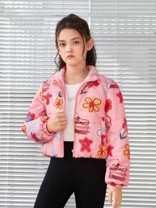 SHEIN Tween Girl 1pc Cartoon Graphic Padded Coat - Multicolor - View 6