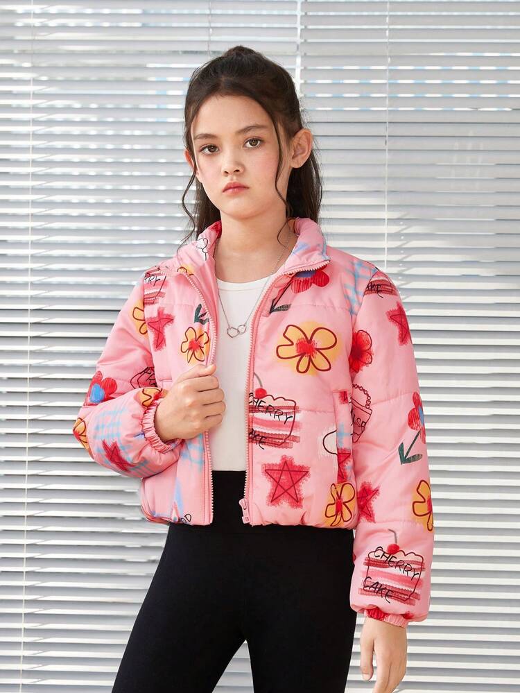 Tween Girl 1pc Cartoon Graphic Padded Coat