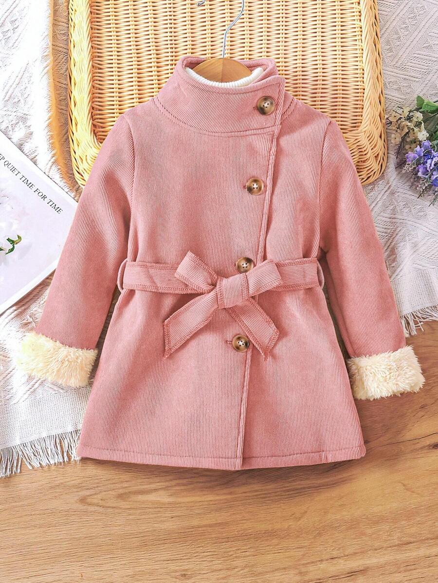 SHEIN Young Girl Mock Neck Button Front Belted Coat - Pink - View 1
