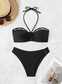 SHEIN Swim Conjunto de bikini de dos piezas de unicolor con cuello halter para playa de verano - Negro - Ver 3