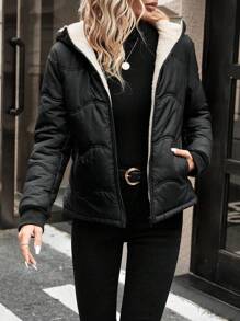 SHEIN Frenchy Áo khoác có mũ trùm đầu có khóa kéo cho mùa đông - màu đen - Xem 6