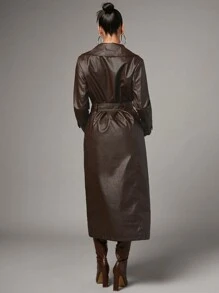 SHEIN x Carly Lawrence SHEIN BAE Solid PU Leather Belted Elegant Trench Coat In Fall/Winter - Coffee Brown - View 2