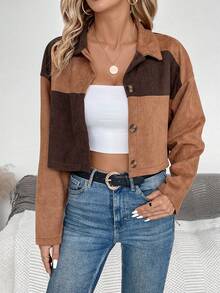 SHEIN Essnce Khối màu Thả vai Áo Jacket Crop - màu nâu - Xem 3