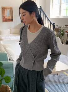 DAZY Solid Cable Knit Cardigan - Grey - View 6