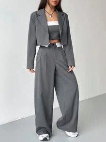 SHEIN EZwear 秋冬季翻领短款西装外套搭配阔腿西装裤和抹胸上衣 - 深灰色 - 查看 6