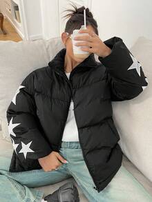 SHEIN EZwear 星星图案拉链衬垫大衣 - 黑色 - 查看 3