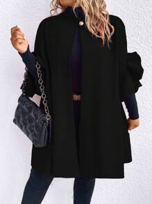 SHEIN Clasi 加大码纯色纽扣设计蕾丝袖，适合冬季 - 黑色 - 查看 3