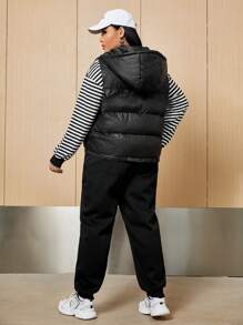 SHEIN EZwear Women's Plus Size Striped Sweatshirt And Sweatpants Set - Black and White - View 3