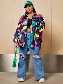 SHEIN EZwear Của phụ nữ Kích thước lớn Áo sơ mi Với Thả vai Và In Tất cả - Đen và trắng - Xem 4