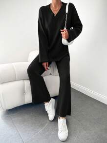 EURMUSE Sweater Two-piece Suit With Split Hem, Button Decoration, And Pants - Black - View 6