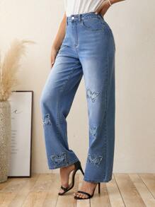 SHEIN LUNE Jeans de pierna recta con estampado de mariposa sin cinturón