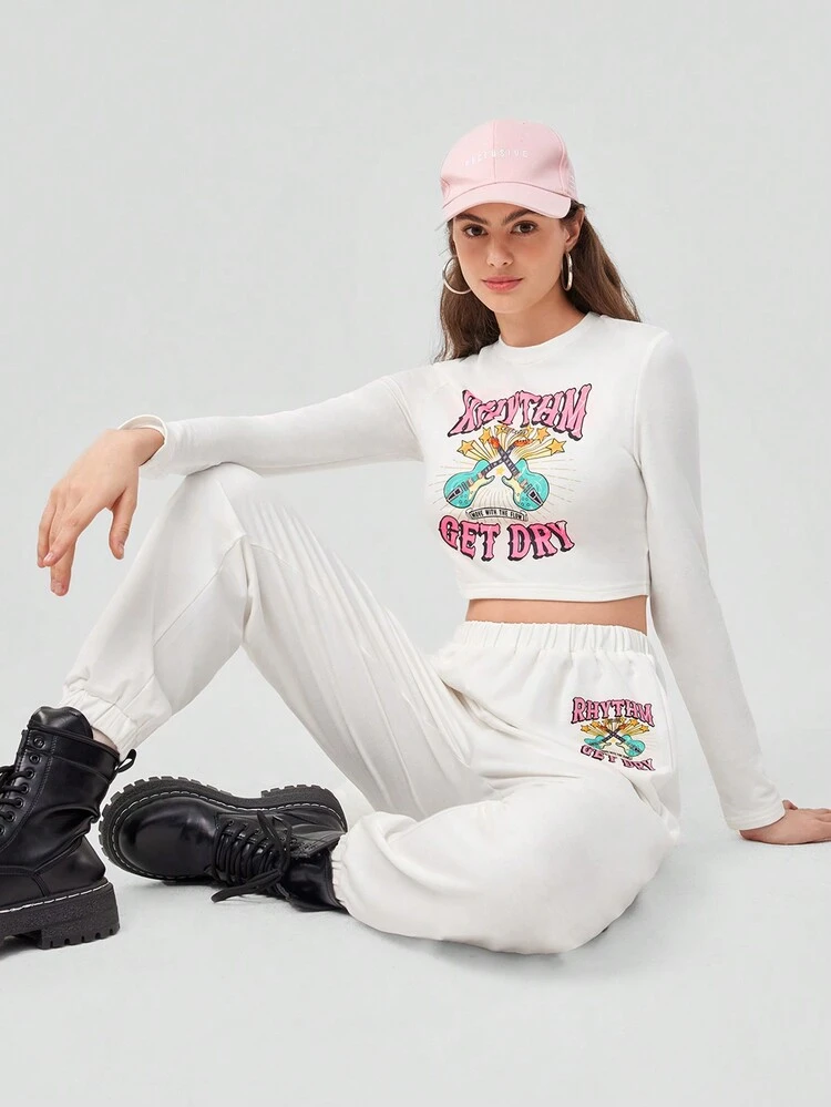 Women's Guitar Printed Cropped Top And Shorts Set