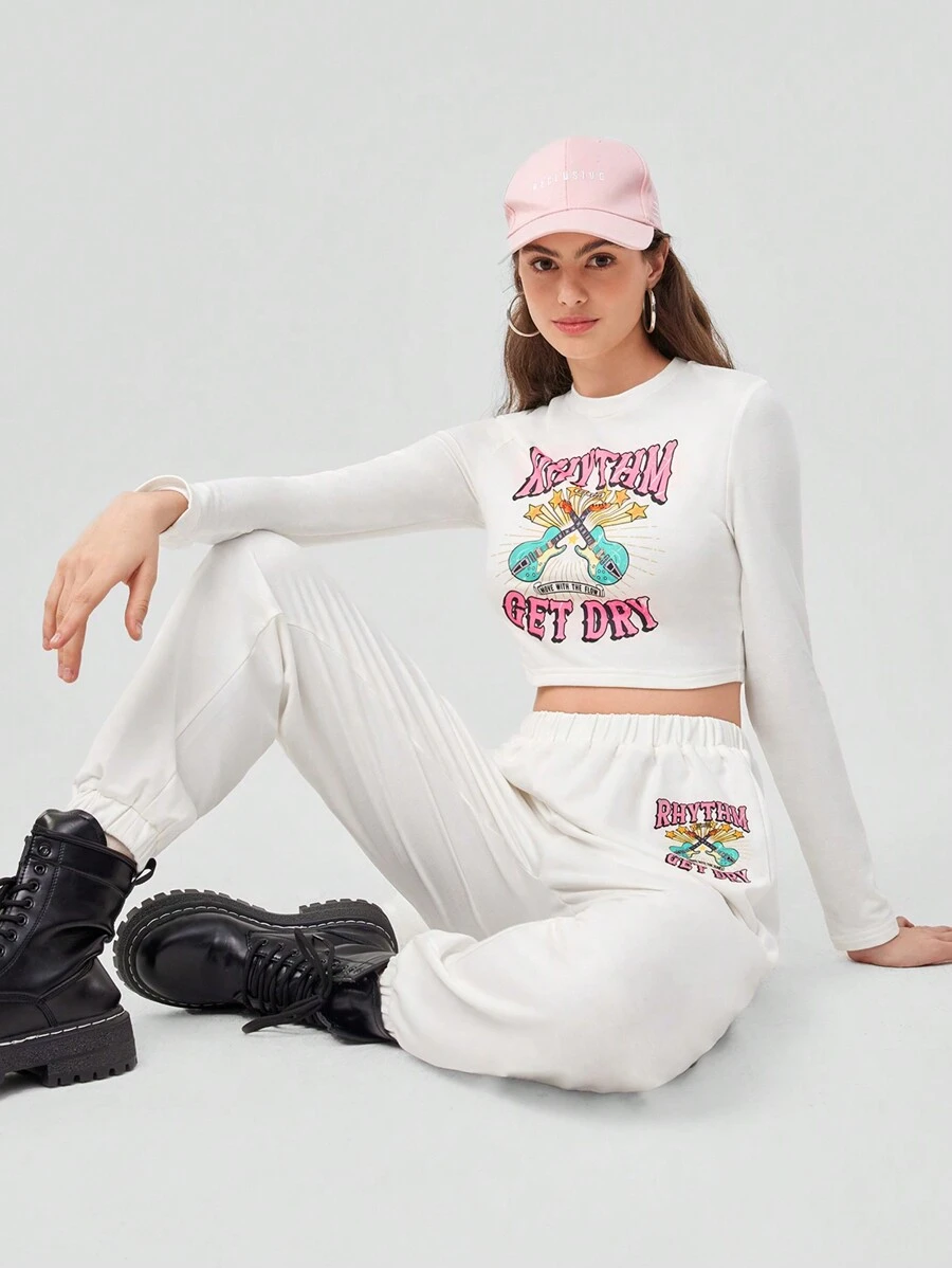 Forever 21 女士吉他印花露脐上衣和短褲套裝 - 白色 - 查看 1