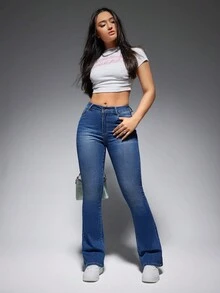 SHEIN EZwear 斜口袋牛仔喇叭褲 - 藍色 - 查看 6