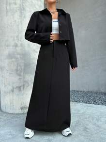 SHEIN EZwear 女士純色西裝外套和裙子套裝 - 黑色 - 查看 4