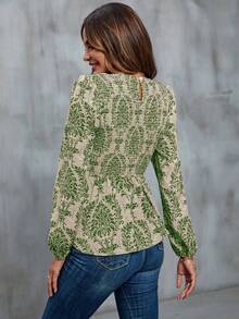 SHEIN Clasi 滿版印花燈籠袖荷葉邊下擺襯衫 - 綠色 - 查看 2