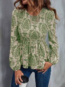 SHEIN Clasi 滿版印花燈籠袖荷葉邊下擺襯衫 - 綠色 - 查看 3