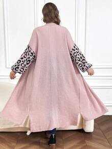 SHEIN LUNE Hơn Hoa văn Báo Thả vai Mở Mặt trước Viền chia cắt Áo len Duster - Hồng - Xem 2