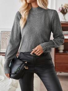 SHEIN LUNE Cổ giả Chi tiết Nút Tay áo lồng đèn Áo len - Xám - Xem 5