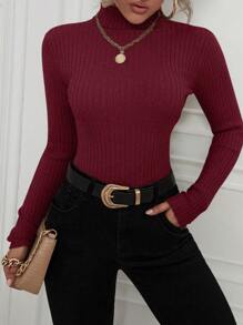 SHEIN LUNE Turtleneck Ribbed Knit Sweater,Long Sleeve Tops Knit Pullover Fall Winter Sweater - Burgundy - View 6