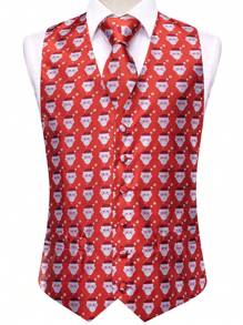 Men's Single Breasted Christmas Pattern Waistcoat - Red - View 2
